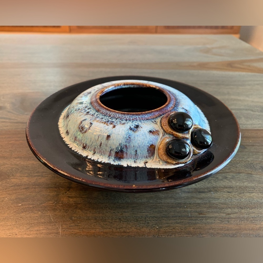 Ikebana Vase Studio Pottery Signed Monique Duclos Canada Brown Blue Flower Frog